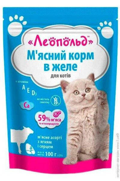 

Леопольд д/кот 100гр в желе Мясне асорті з ягням та серцем (пауч)