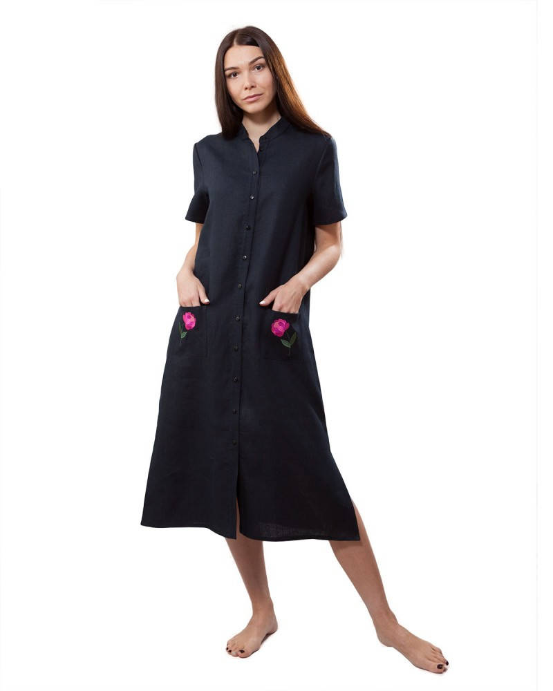 

Изысканное льняное платье-вышиванка. 100% лен. Размерный ряд от S до 2XL XL, Черный