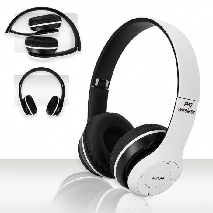 

Беспроводные Наушники P-47 Bluetooth + MicroSD + FM Радио чёрные с белым