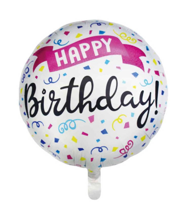 

Фольгированный шар Happy Birthday конфетти на белом (Китай), Разные цвета