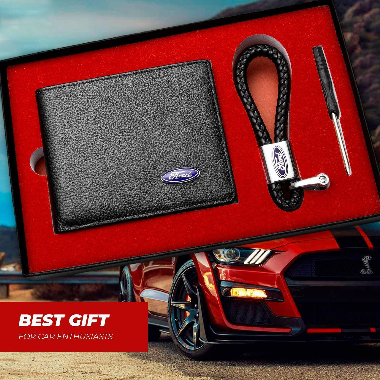 

Подарочный набор Аксессуаров FORD кошелек и плетенный брелок Натуральная кожа, Черный