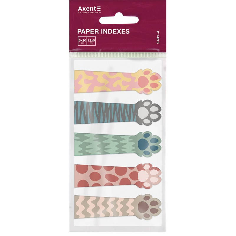 

Стікери-Закладки паперові малюнок Paw, 5х12х50мм,100 шт, прям. Axent (40), Разные цвета