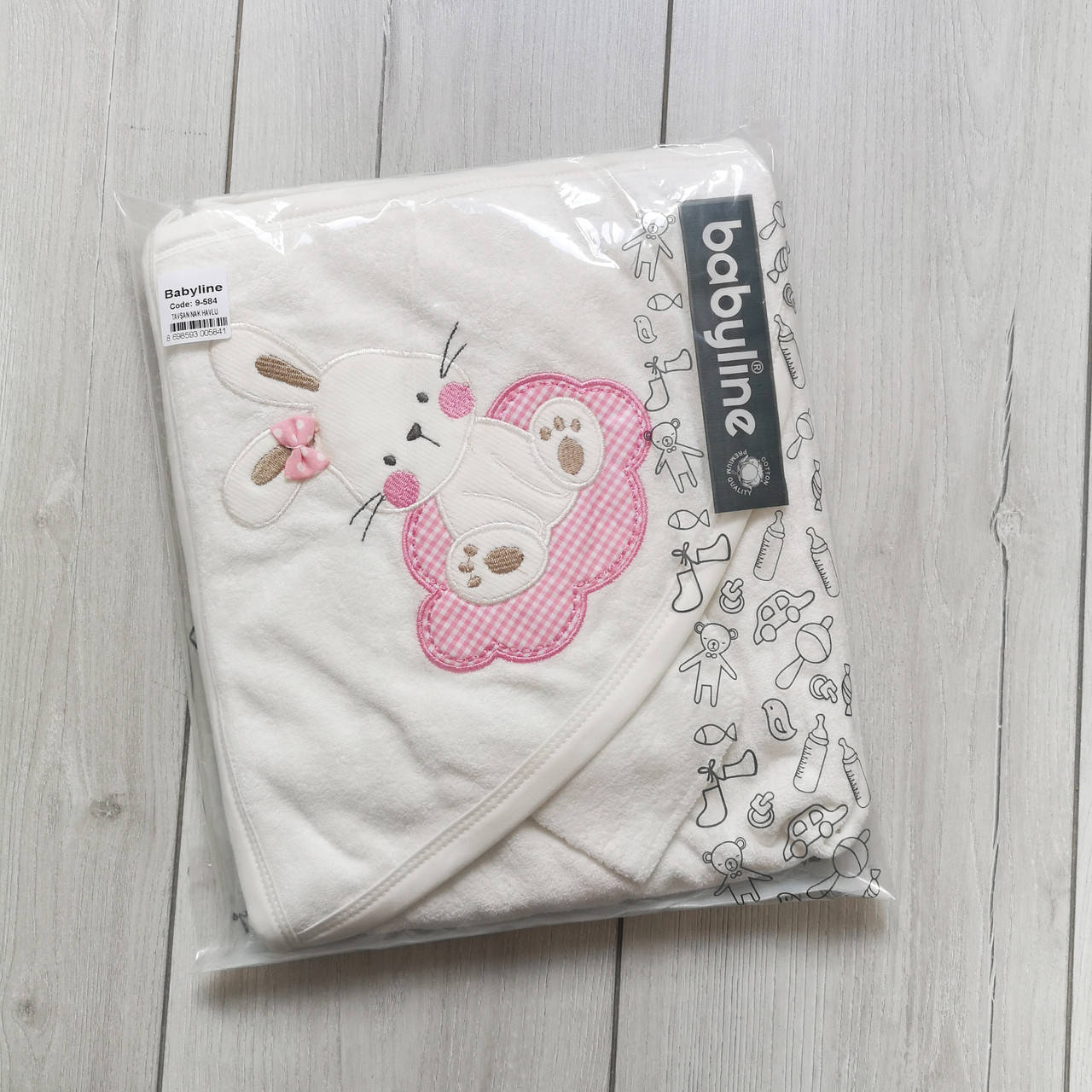 

Махровое полотенце с уголком и рукавичкой "Зайчик на розовой тучке", Турция, Розовый