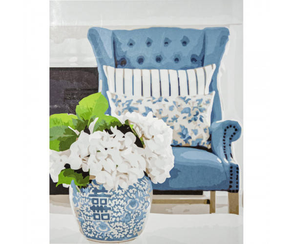 

Картина по номерам Гортензия у кресла с лаком и уровнем 40х50 см VA-3368