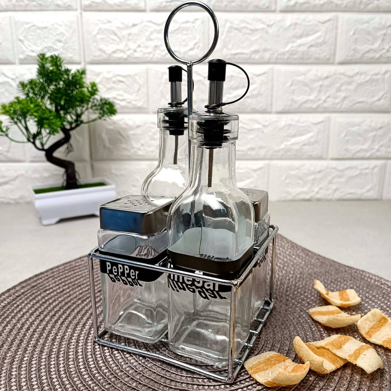 

Набор емкостей для специй и масла 4 шт на металлической подставке, Прозрачный