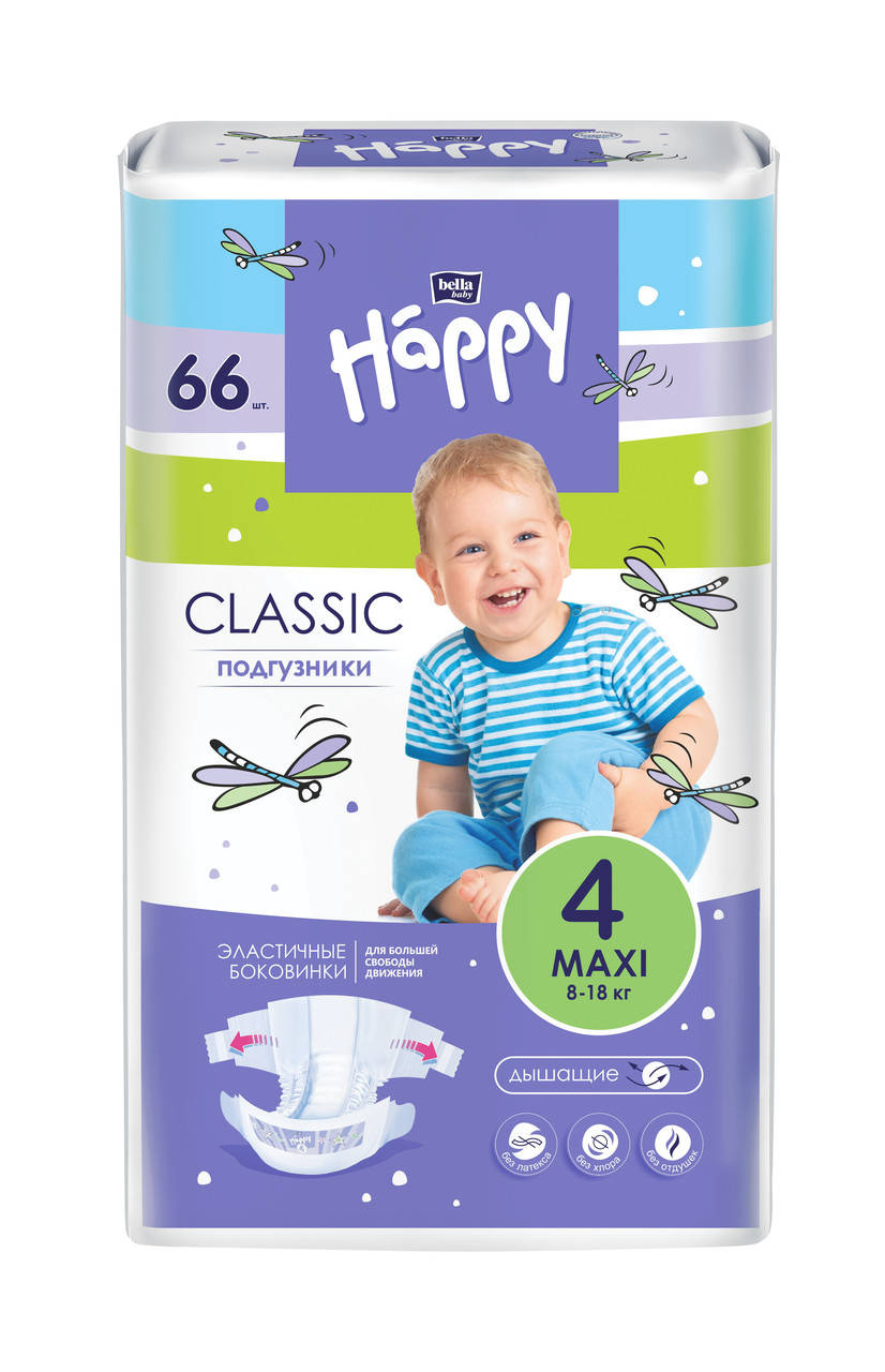 

Подгузники детские BELLA BABY HAPPY CLASSIC maxi (4) 8-18 кг, 66шт