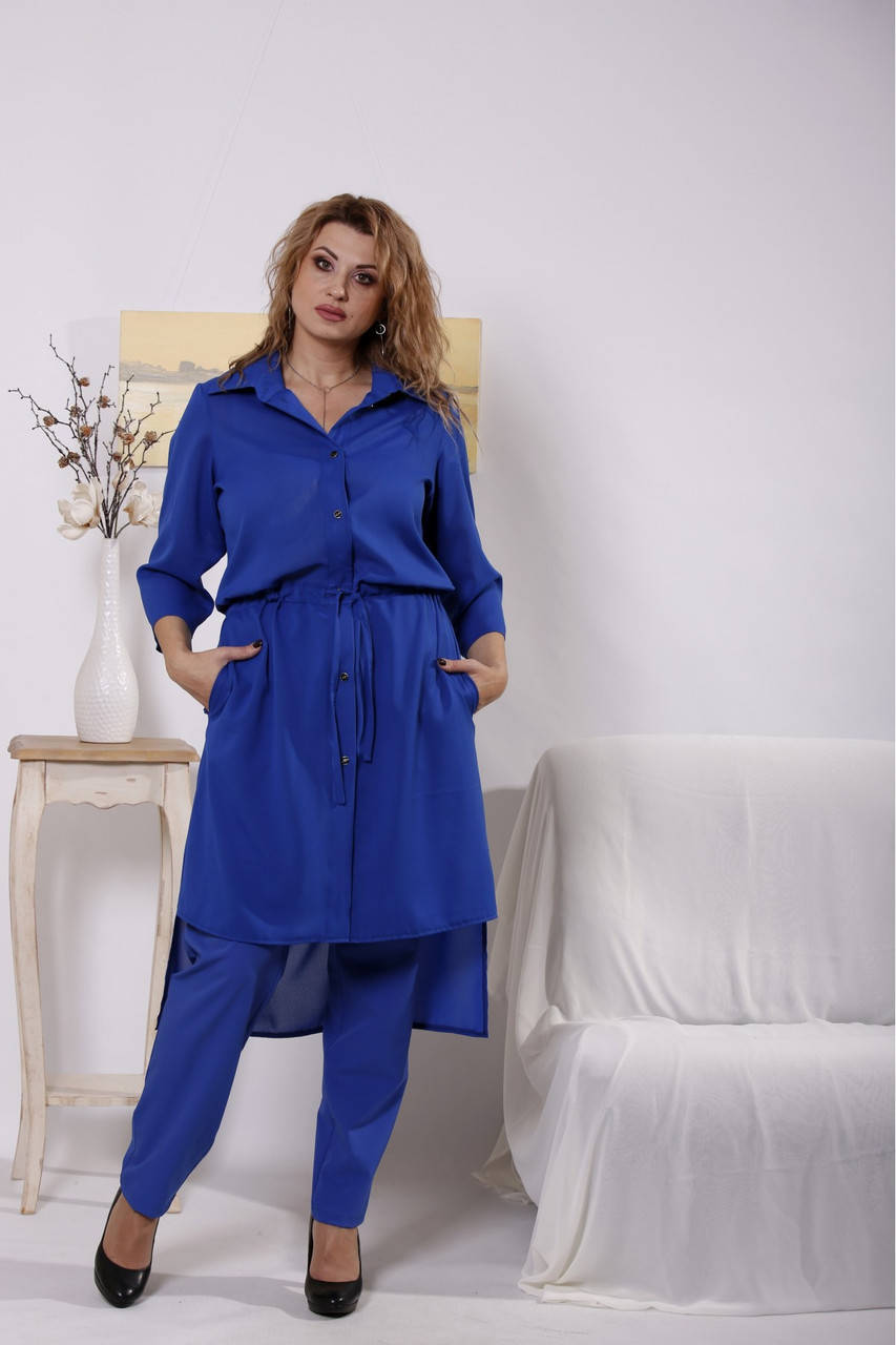 

Синий костюм женский нарядный большого размера: длинная рубашка и брюки 42-74. 01637-3, Электрик