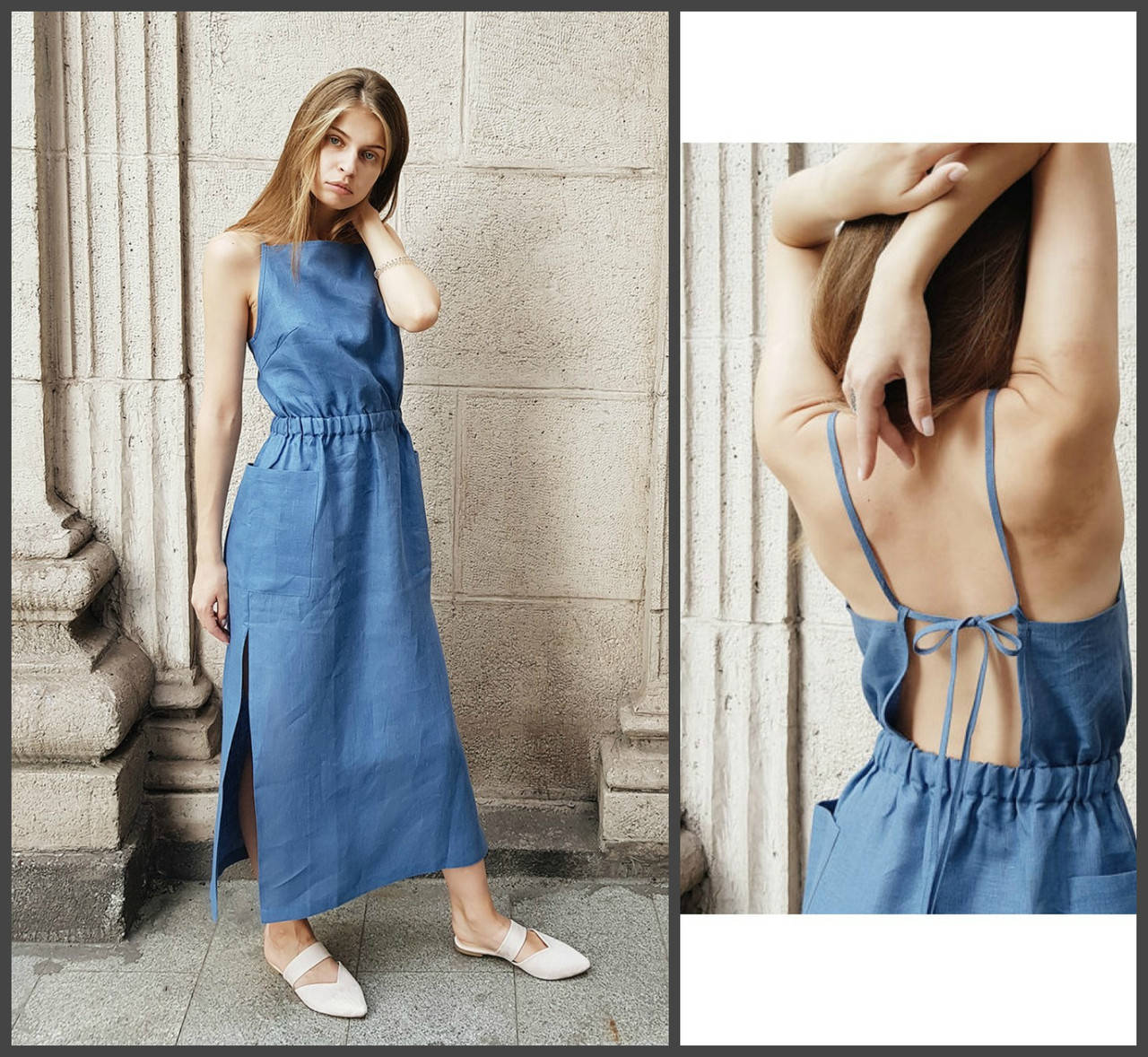 

Р. 42-50. Платье сарафан длинное в пол, джинсовое платьице легкое с открытой спиной.