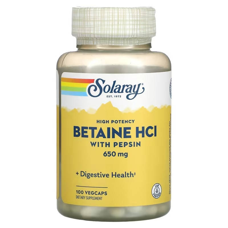 

Бетаин HCl + пепсин, HCL with Pepsin, Solaray, 650 мг, 100 кап. (SOR-04814)