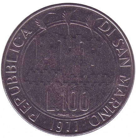 

Космос. Монета 100 лир. 1977 год, Сан-Марино.UNC