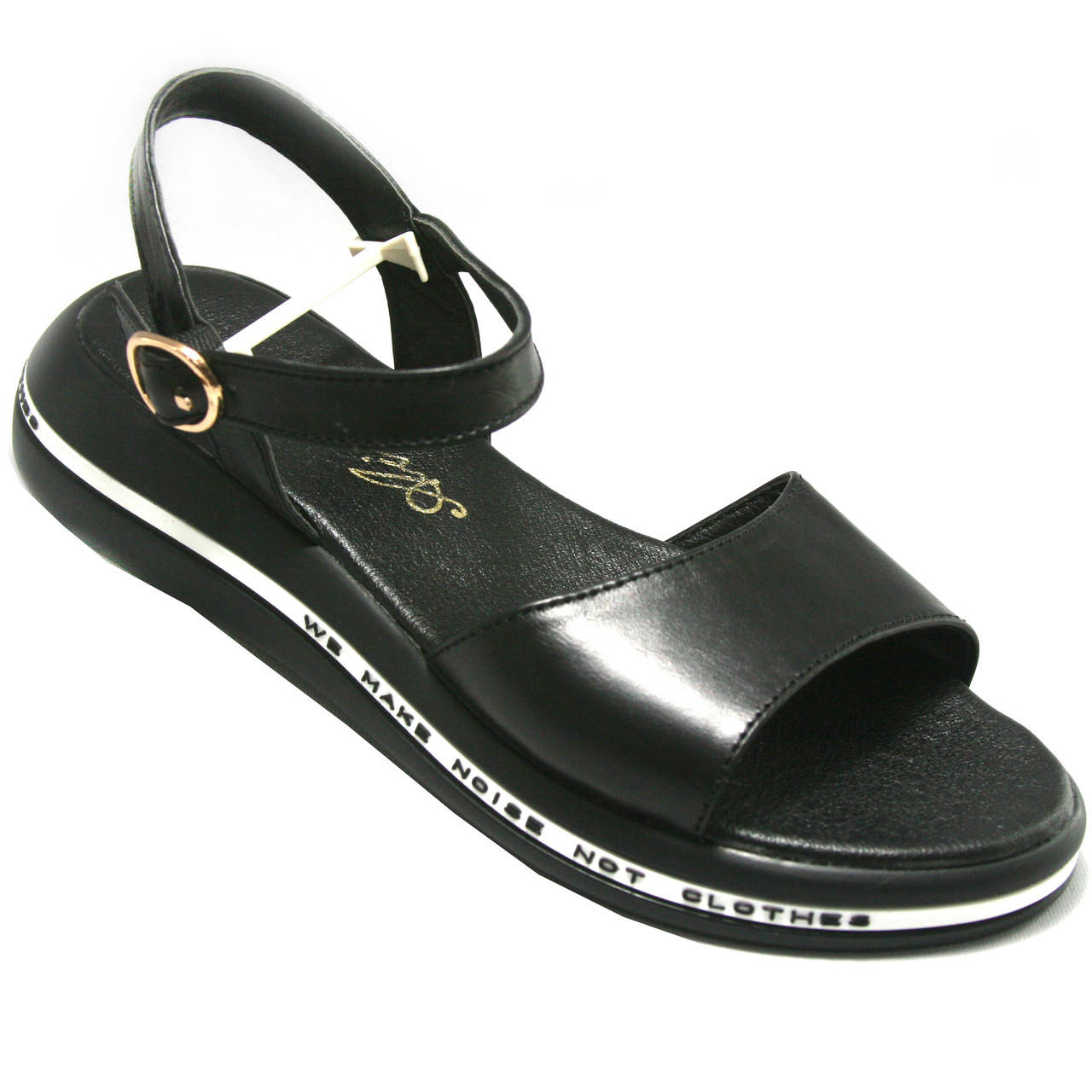 

Босоножки женские черного цвета на плоском ходу из натуральной кожи на черной подошве полоса с буквами 38