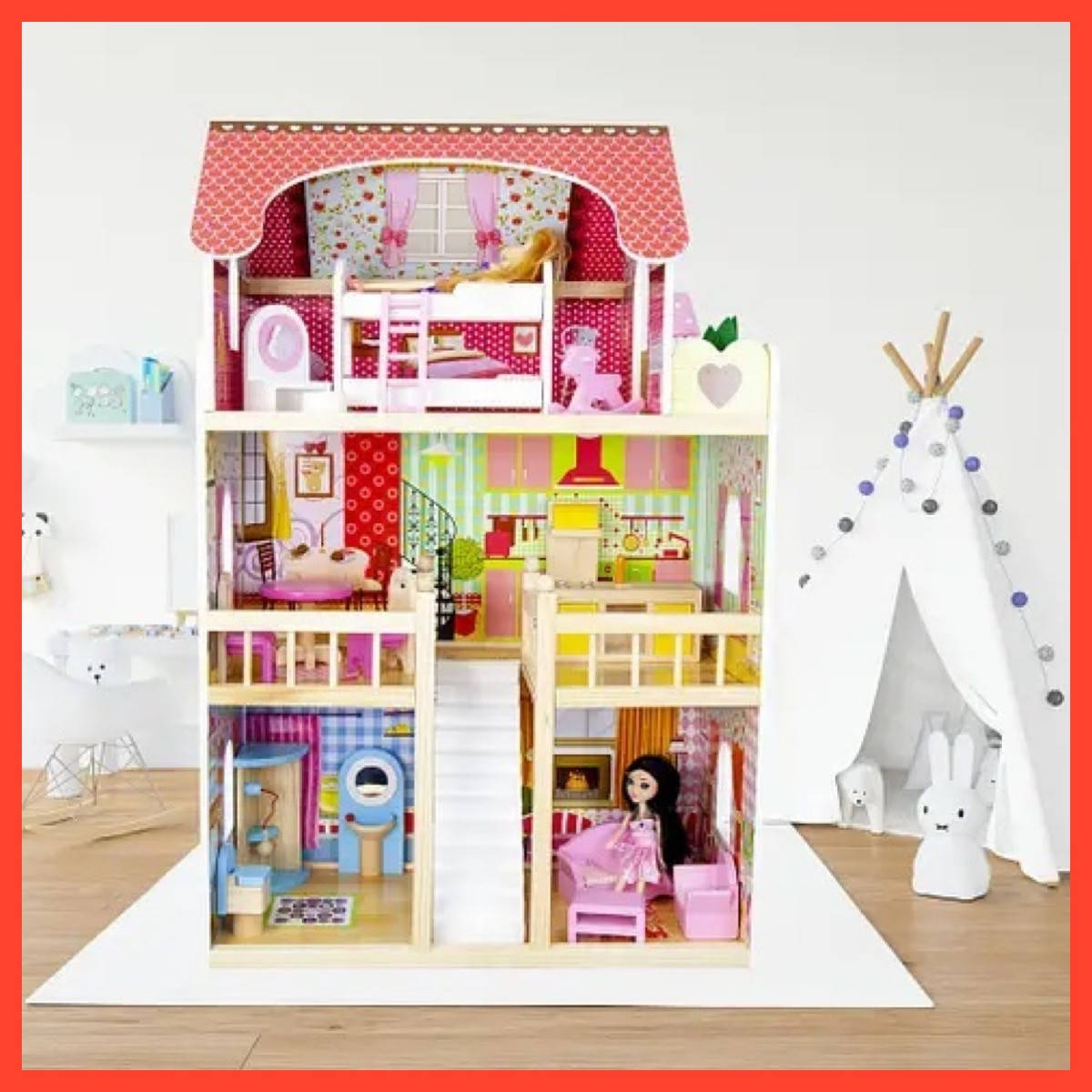 

Большой детский кукольный домик AVKO Валетта Игровой Деревянный дом для детей с подсветкой + 2 куклы в подарок