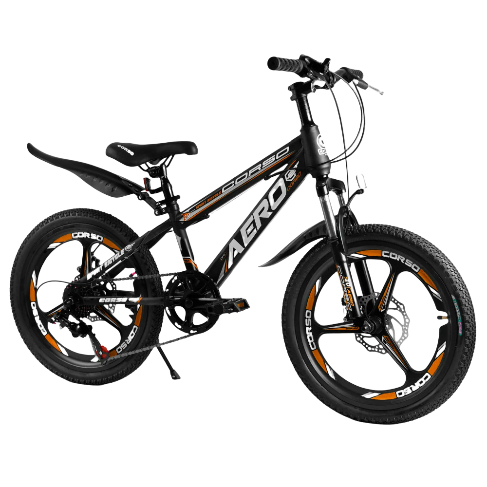 

Велосипед двухколесный детский с дисковыми тормозами и двойным ободом Corso Aero 20 дюймов Черный с оранжевым
