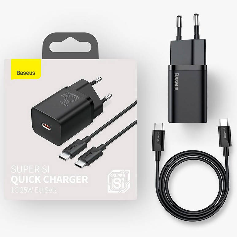 

Зарядное устройство Baseus Super Si Quick Charger 1C 25W EU Black + кабель Type-C to Type-C 3A (TZCCSUP-L01), Черный