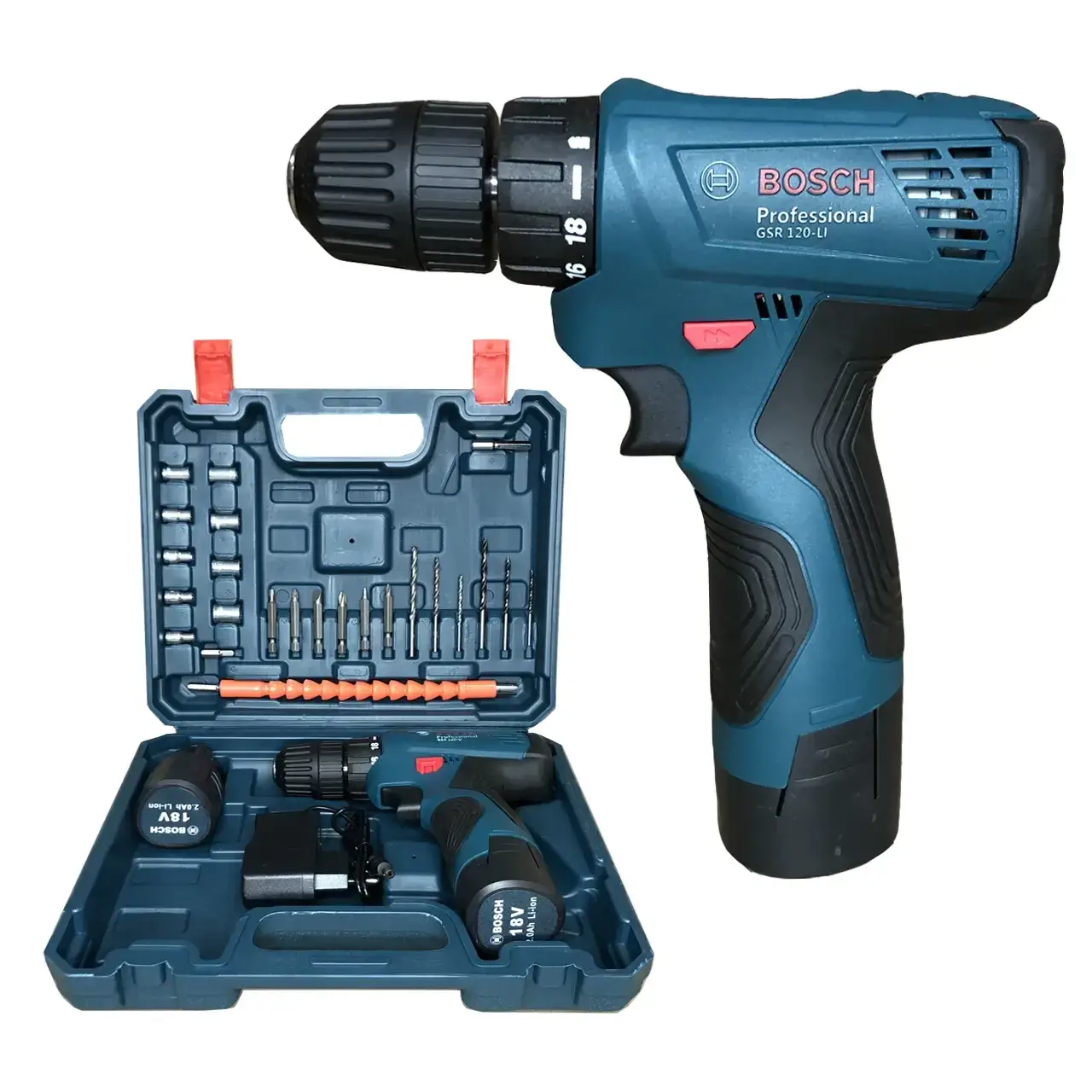 

Шуруповерт акумуляторний Bosch GSR 120-li (18V 2Ah). Аккумуляторный шуруповерт Бош с набором инструментов