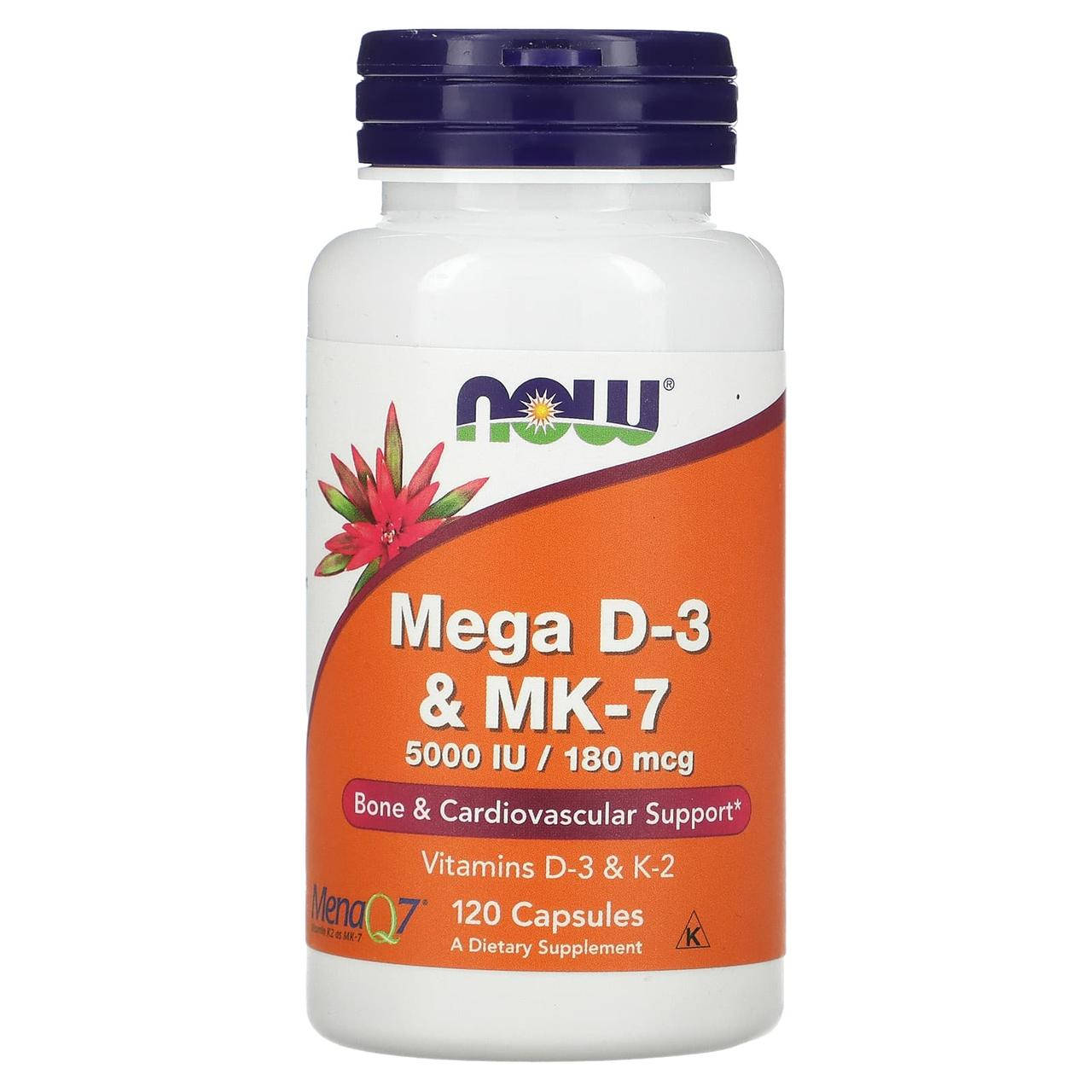 

Now Foods, Mega D3 & MK-7 (120 капс.), Д3+K2, витамин D3 MK-7