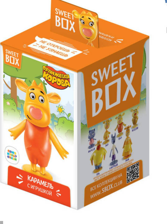 

Sweet Box ОРАНЖЕВА КОРОВА Карамель з ігрушкою в коробочці