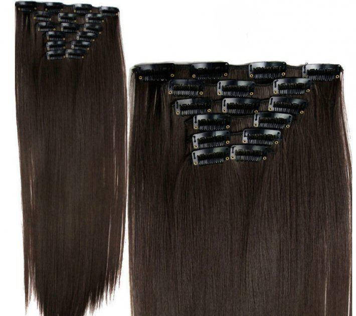 

Трессы накладные термостойкие искусственные волосы на заколках прямые термоволосы темно-коричневые 4В#