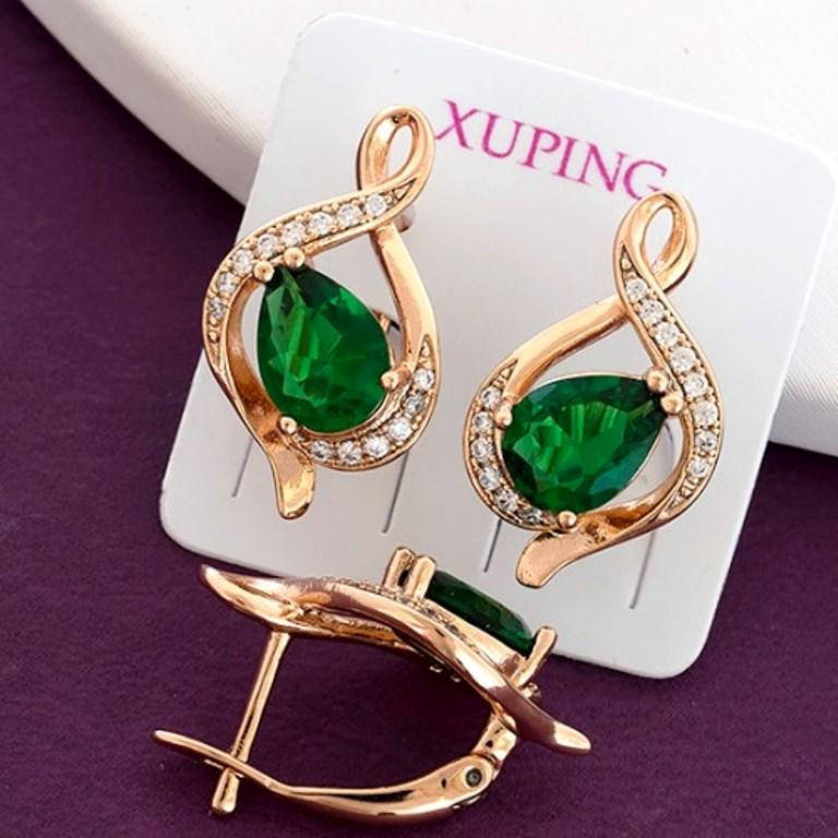 

Серьги Xuping длина 2см медзолото позолота 18К зеленый цирконий с927
