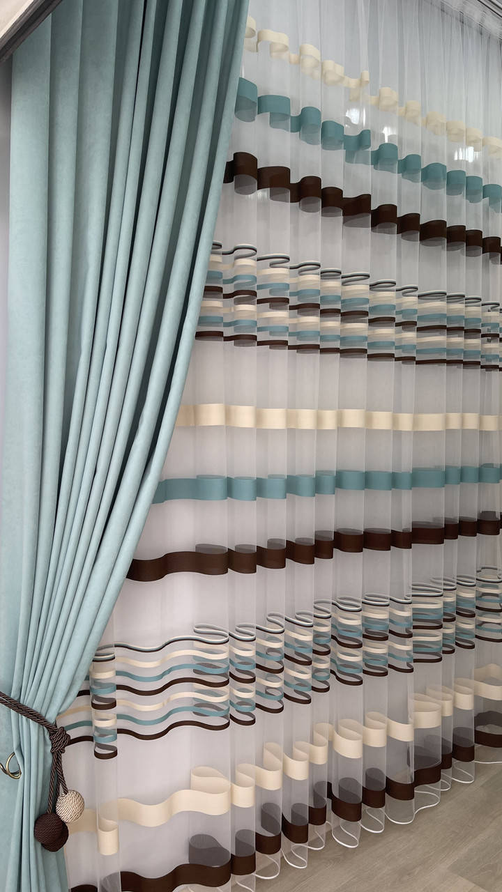 

Тюль основа сетка голубая полоска, Голубой