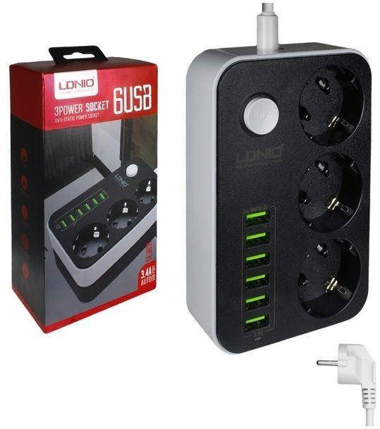 

Сетевой удлинитель фильтр на 3 розетки + 6 USB 3.4A LDNIO SE3631 Переноска на 3 розетки с Usb