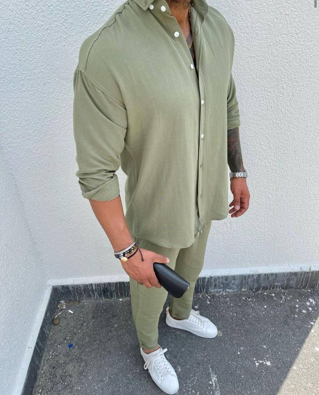 

Льняная рубашка и штаны мужские | Мужской стильный летний комплект, Зелёный