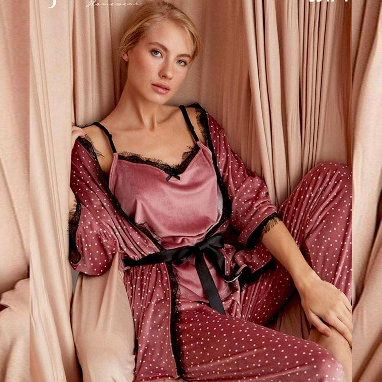

Комплект велюровый халат и пижама Pijamoni 5547, Пудровый, S