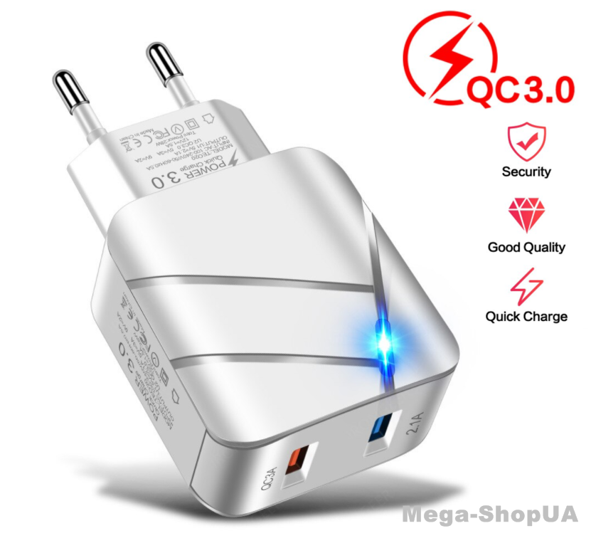 

Сетевое зарядное устройство для быстрой зарядки 2 port USB QC3.0 зарядный блок зарядка для телефона смартфона, Белый