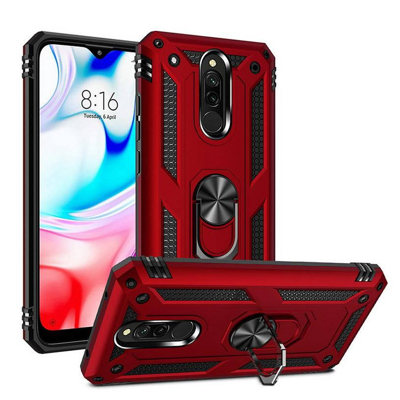 

Противоударный чехол для Xiaomi Redmi 8 красный матовый бампер с кольцом подставкой