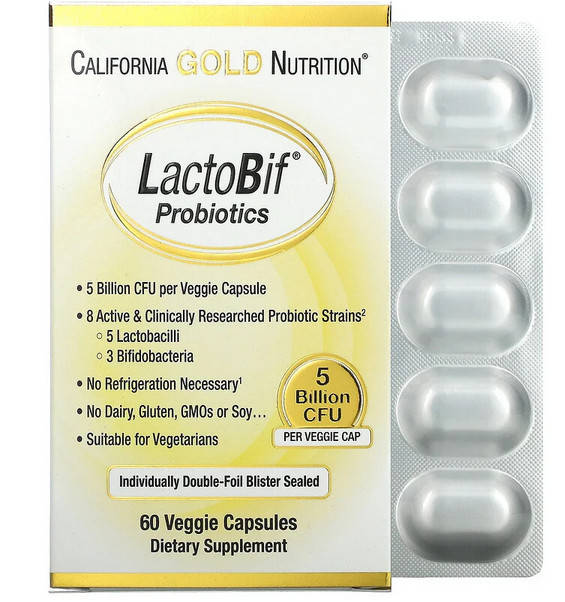 

California Gold Nutrition, LactoBif, пробиотики, 5 млрд КОЕ, 10 вегетарианских капсул