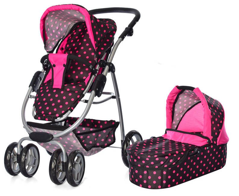 

Коляска для куклы 9662 Melogo в горох h=82 cm, 2 в 1, классика, Розовый