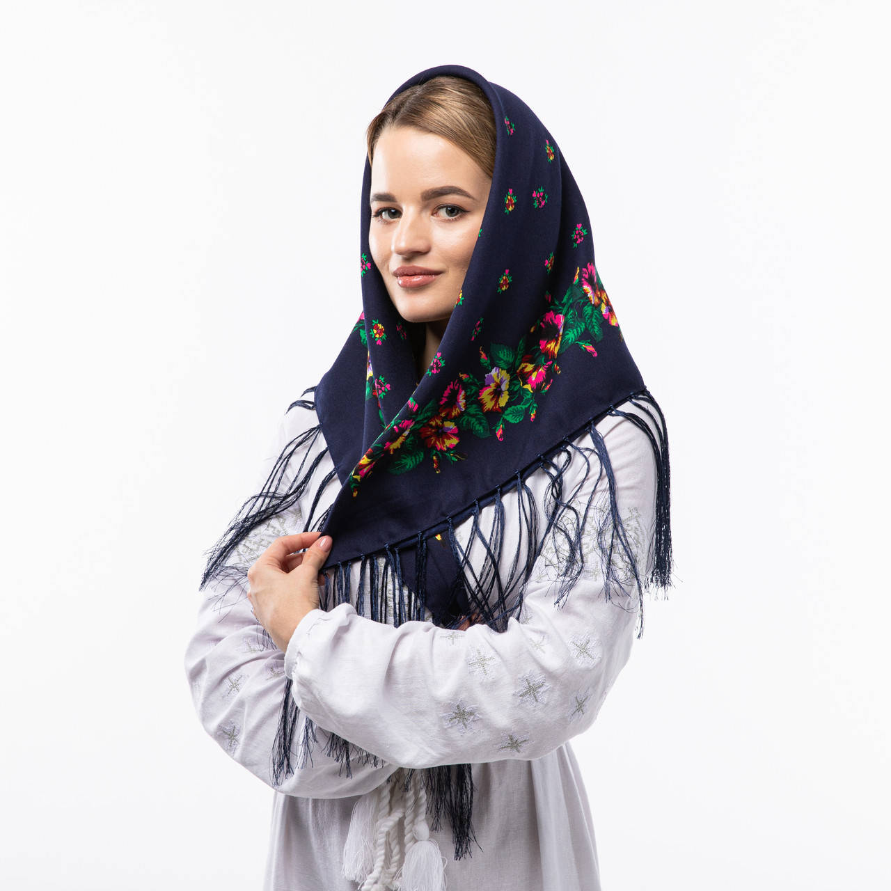 

Хустка з шовковими тороками 80х80см Синя