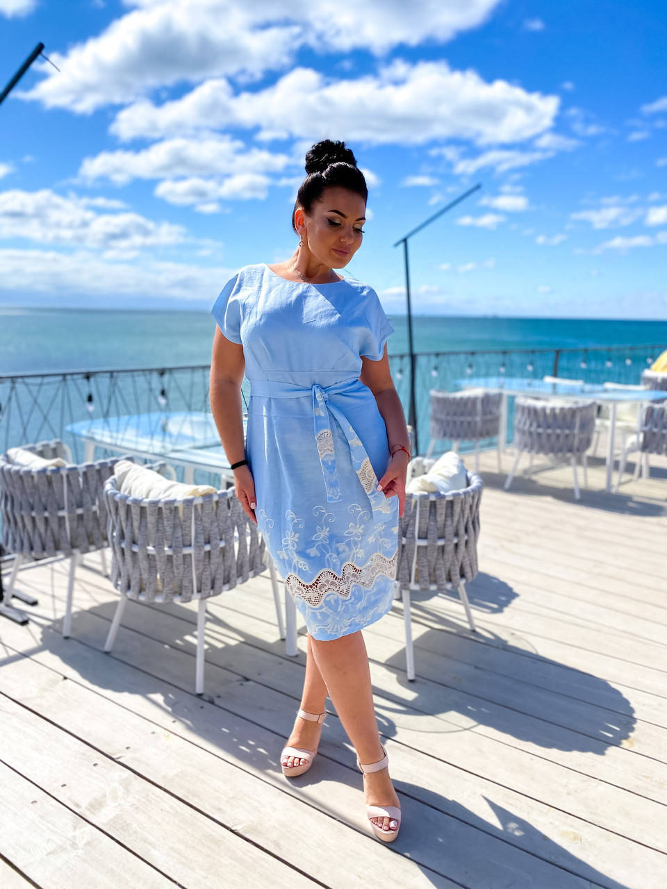 

Женское платье батальное лен + прошва. Размер 50-56 56