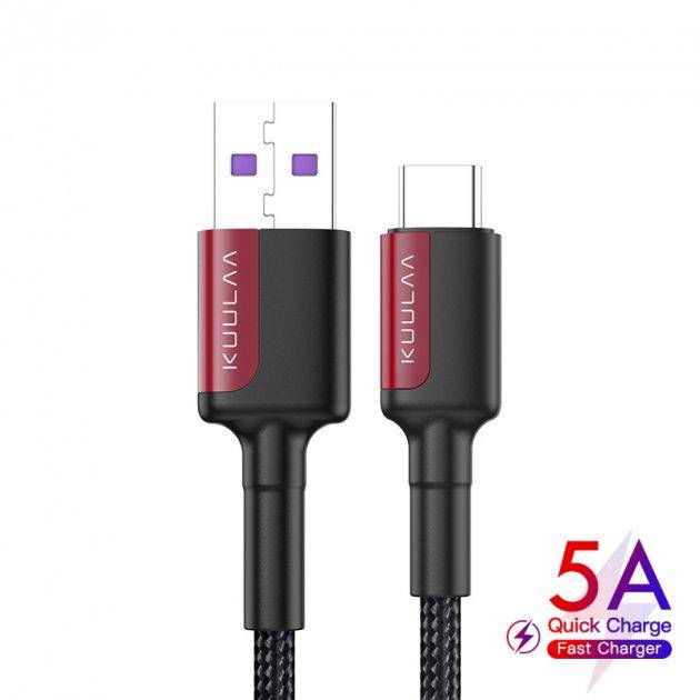 

Кабель Kuulaa USB - Type-C (1 м) 5A Quick Charge 2in1 провод быстрой зарядки и синхронизации передачи данных, Черный