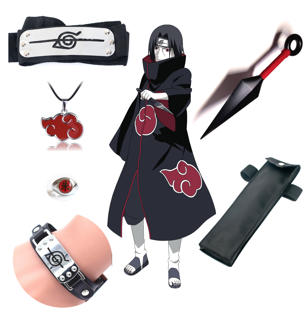 

Набор Акацуки 6в1: повязка, регулируемое кольцо, кулон "облако", браслет, большой кунай с чехлом -аниме Наруто