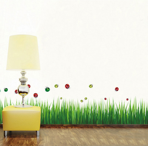 

Наклейка на стену, наклейка трава, наклейки на шкаф "трава с божьими коровками" 1м40см*40см (50*70см лист), Зелёный