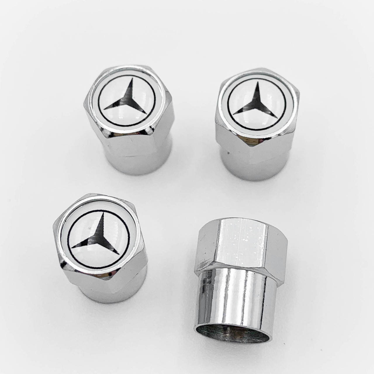 

Защитные колпачки на ниппеля Mercedes Benz (Мерседес) 4 шт Белый фон Хром