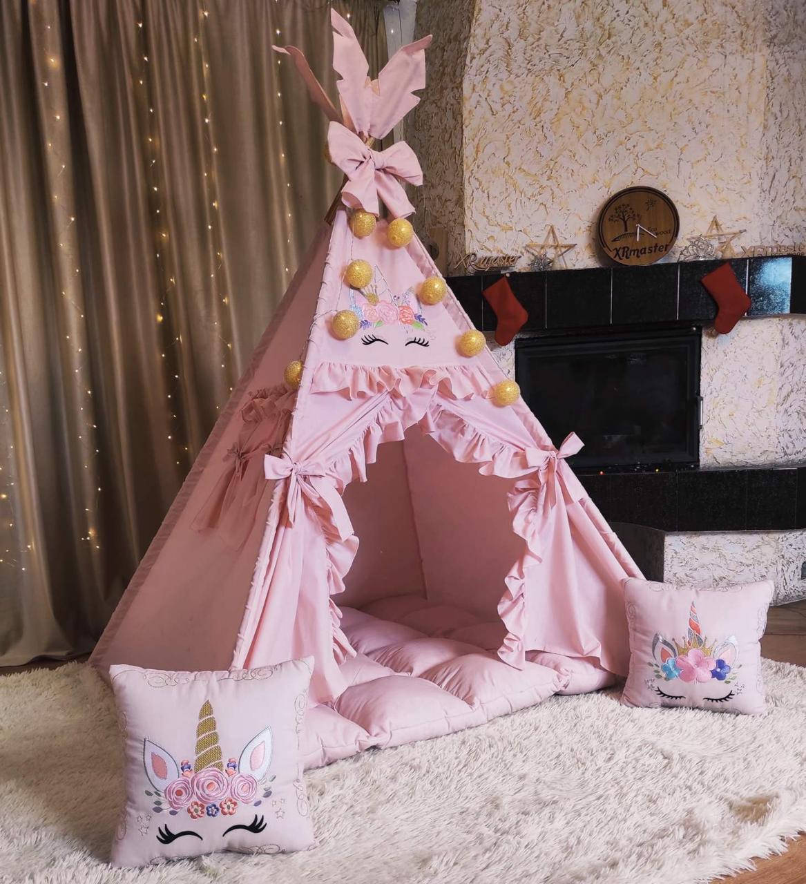 

Вигвам Цветные Единорожки на пудровом цвете БОНБОН Полный комплект, вигвам детский, вигвам для девочки, вигвам