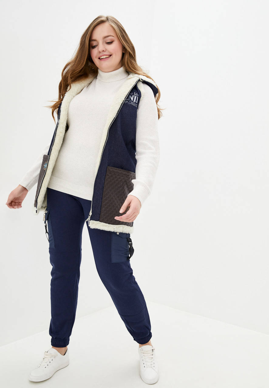 

Женская утепленная джинсовая жилетка (подкладка єко-мех), большие размеры 54, темно-синий