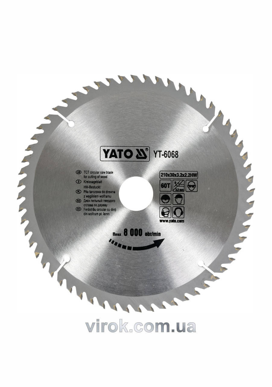 

Диск пильный по дереву YATO 210 х 30 x 3.2 x 2.2 мм 60 зубцов R.P.M до 8000 1/хв YT-6068