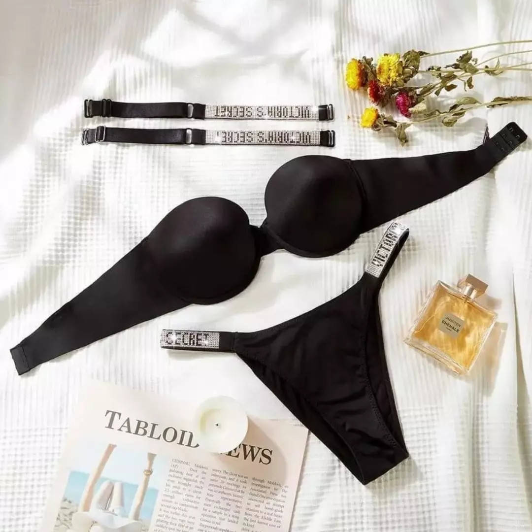 

Комплект женского белья Victoria`s Secret, Push-up + трусики-бразилиана Виктория Сикрет (чашка С) 80С, Черный