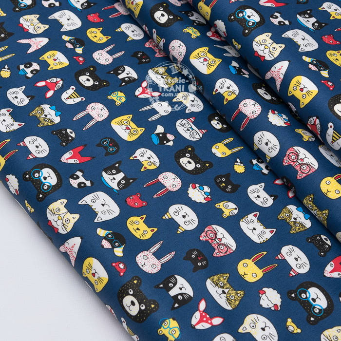 

Ткань сатин "Мордочки животных" на синем фоне, №3693с, Разные цвета