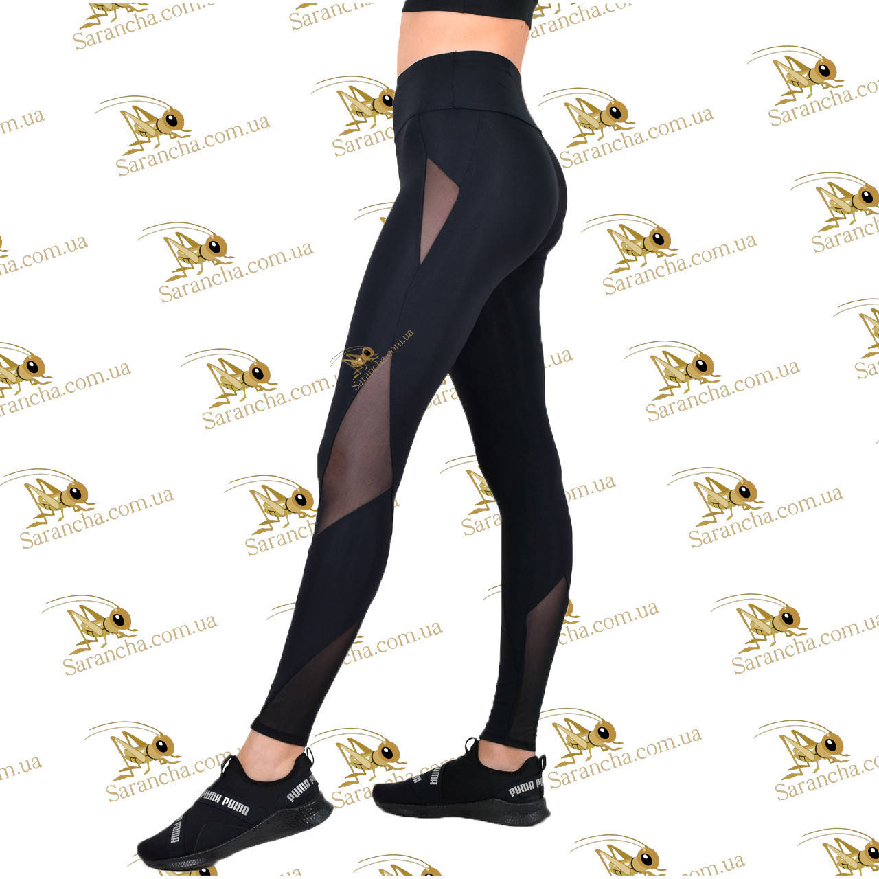 

Леггинсы для фитнеса утягивающие черные женские со вставками сетки, Черный