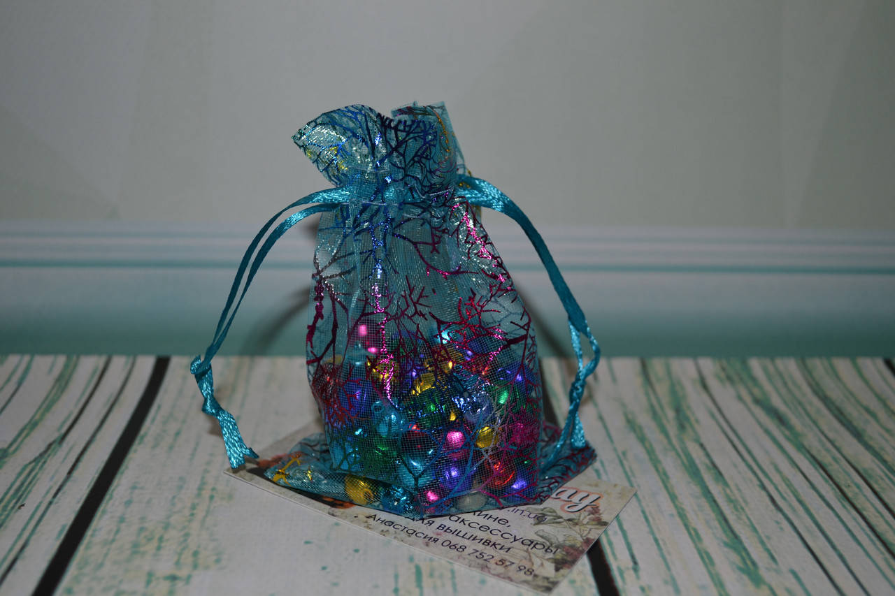 

Мешочек из органзы, 9х6,5см, голубой/паутинка