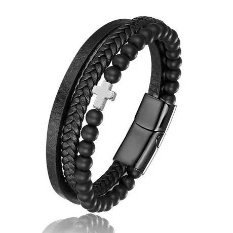 

Браслет черный с крестом многослойный из кожи и гладкого камня на магнитной застежке