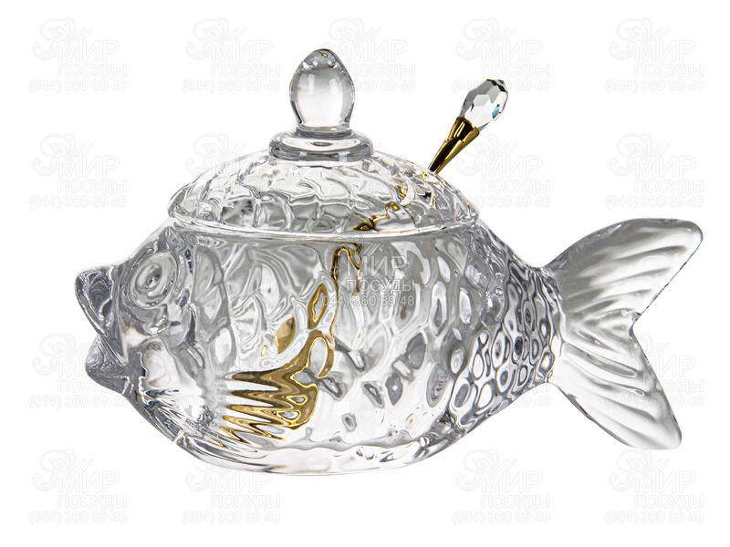 

LeGlass Икорница с крышкой+ложка Золотая рыбка 16см 355-004