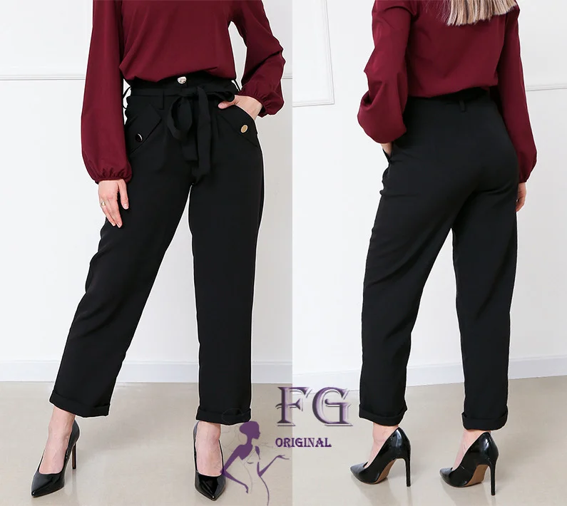 

Женские брюки из костюмной ткани с карманами, поясом и высокой посадкой размеры 42-56, Красный