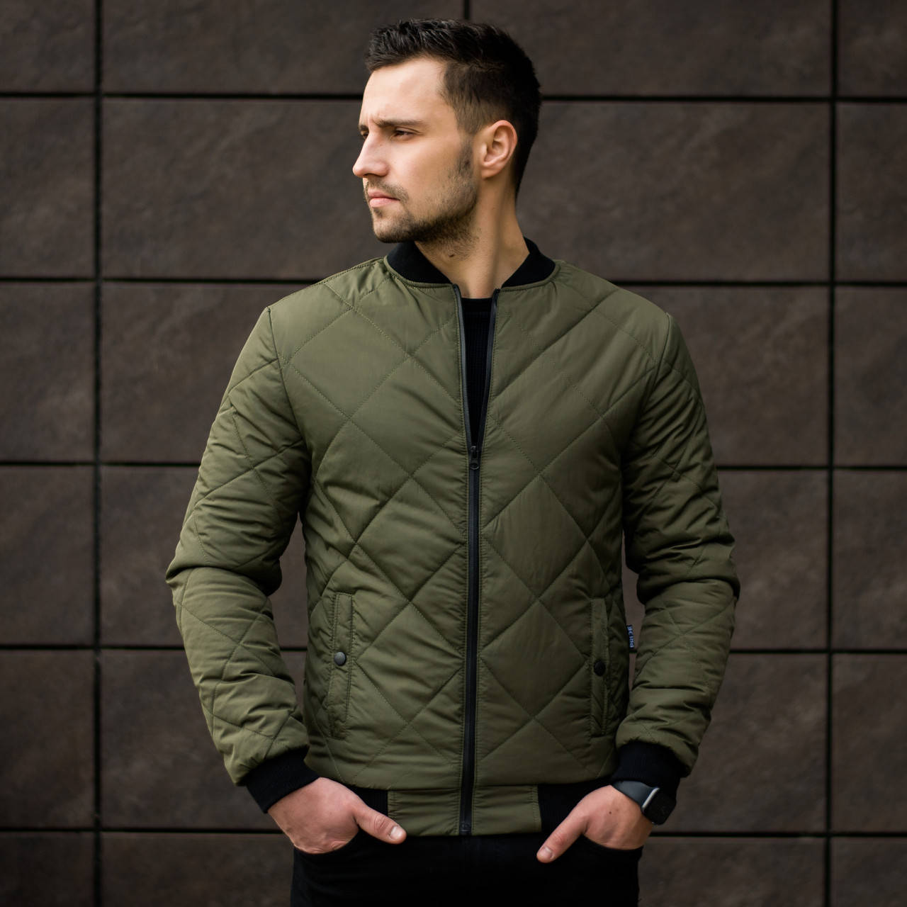 

Куртка мужская весенняя осенняя хаки | бомбер стеганый в ромб ЛЮКС качества