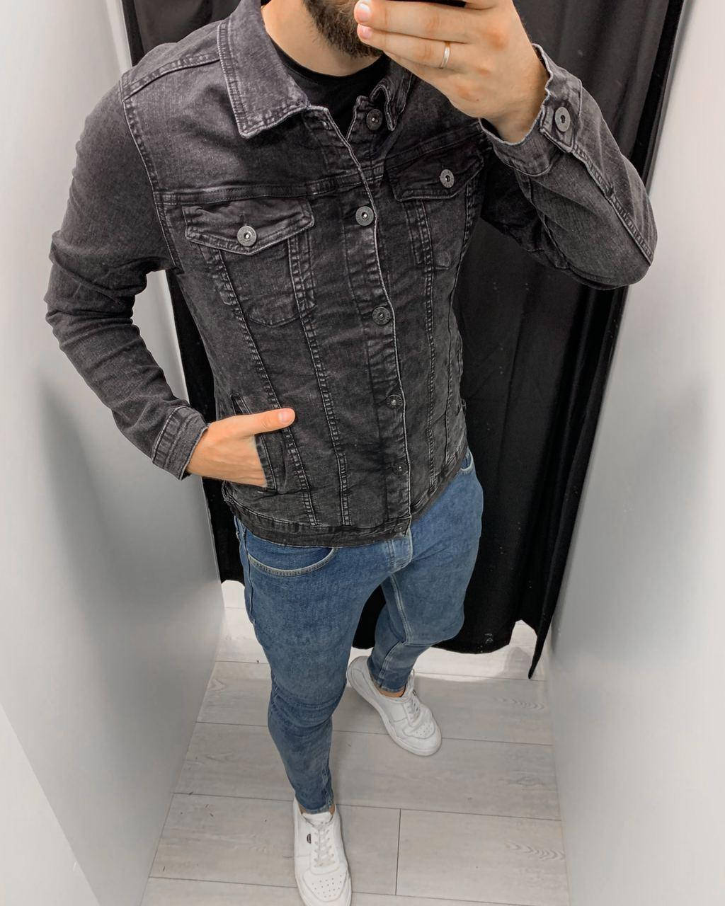

Мужская стильная джинсовая курточка (чёрная) 2