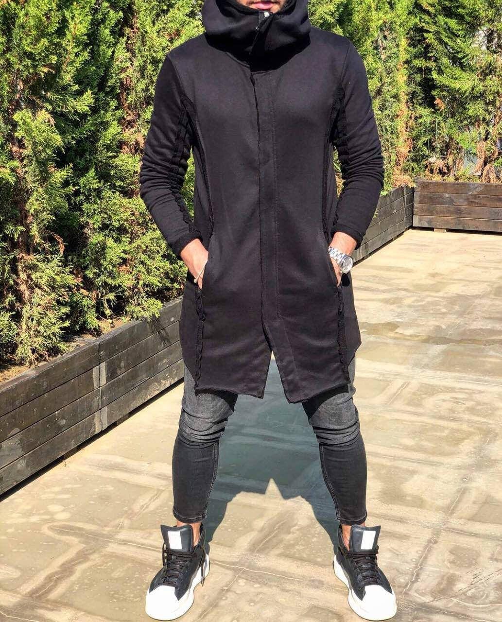 

Мантия мужская чёрная с воротником капюшоном демисезонная удлинённая